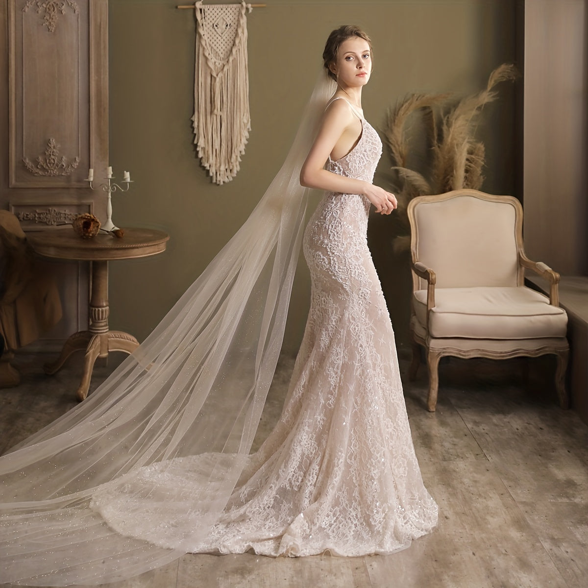 Mesh Long Cathedral Style Bridal Veil with Comb