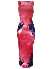 Tie Dye Print Maxi Dress Backless Bodycon Sleeveless