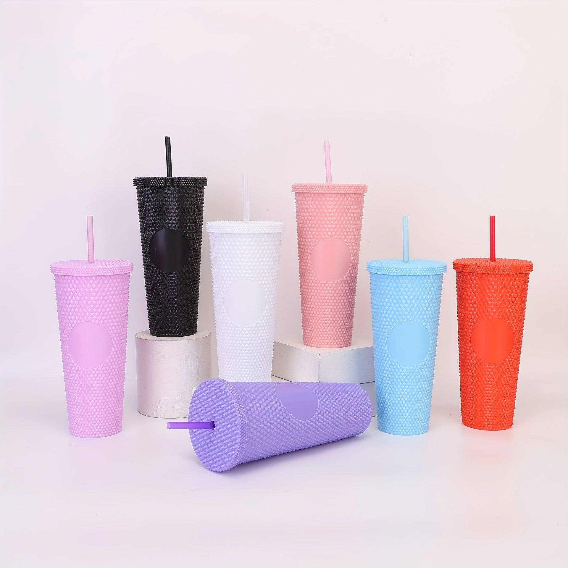 710ml Double Layer Plastic Water Cup Durian Texture Straw Cup