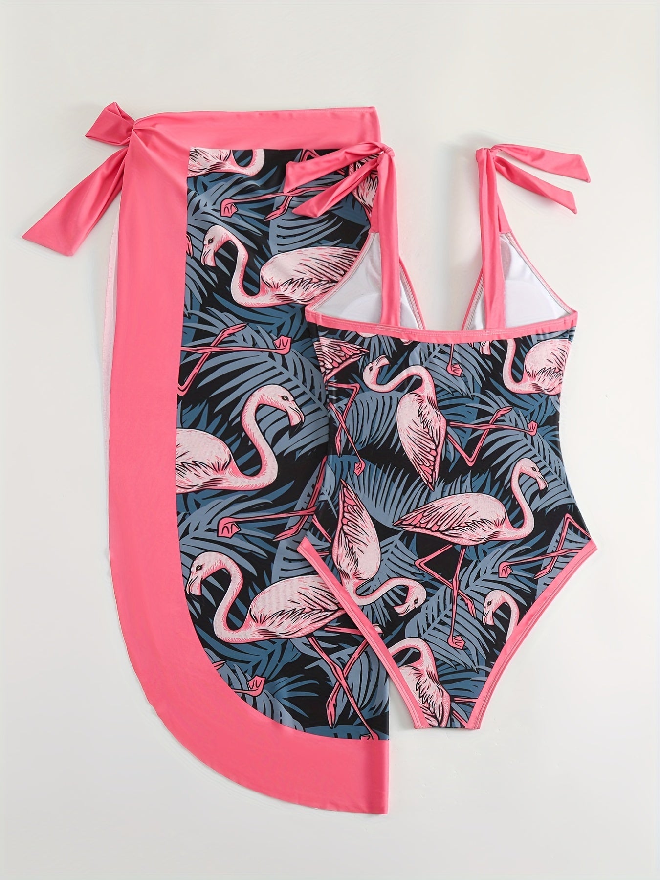 Flamingo Leaf Print One Piece Swimsuit with Cover Up Set