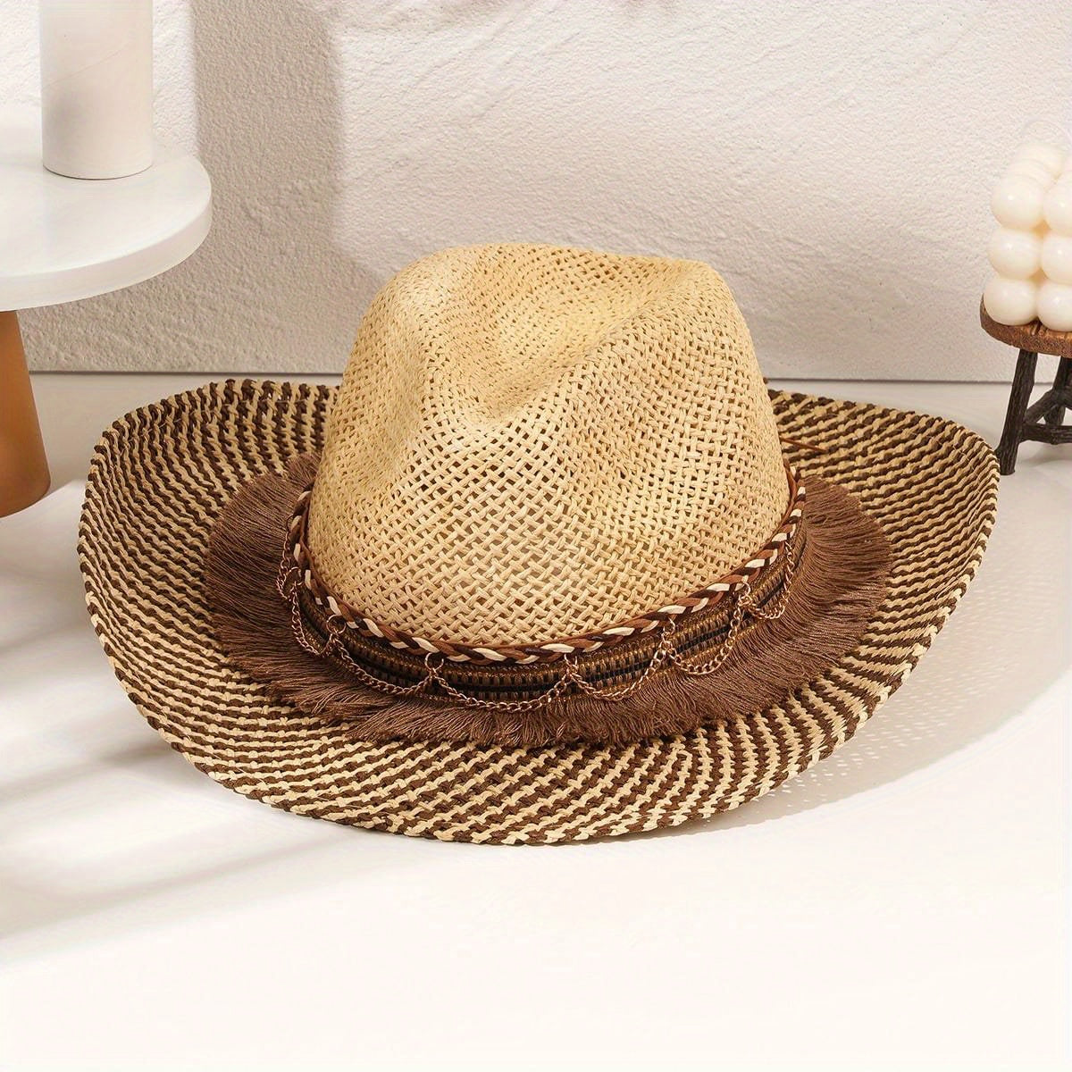 Gradient Jazz Cowboy Hat Vintage Western Straw Sun Hat Hollow Out Breathable Cla