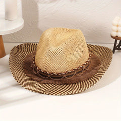 Gradient Jazz Cowboy Hat Vintage Western Straw Sun Hat Hollow Out Breathable Cla