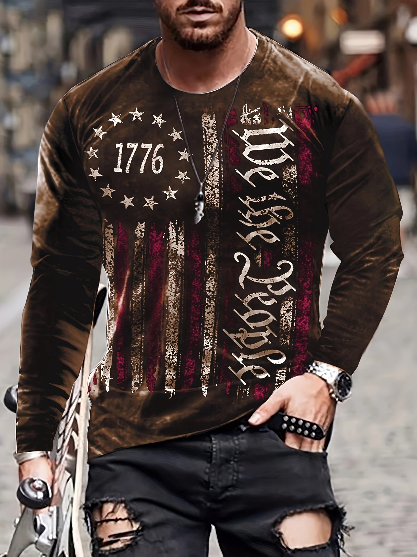 Vintage Print Men's Long Sleeve Tee Shirt for Autumn