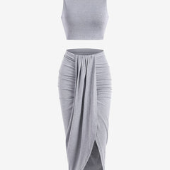 Crop Tank Top & Ruched Split Front Skirt Set Women's Outfit