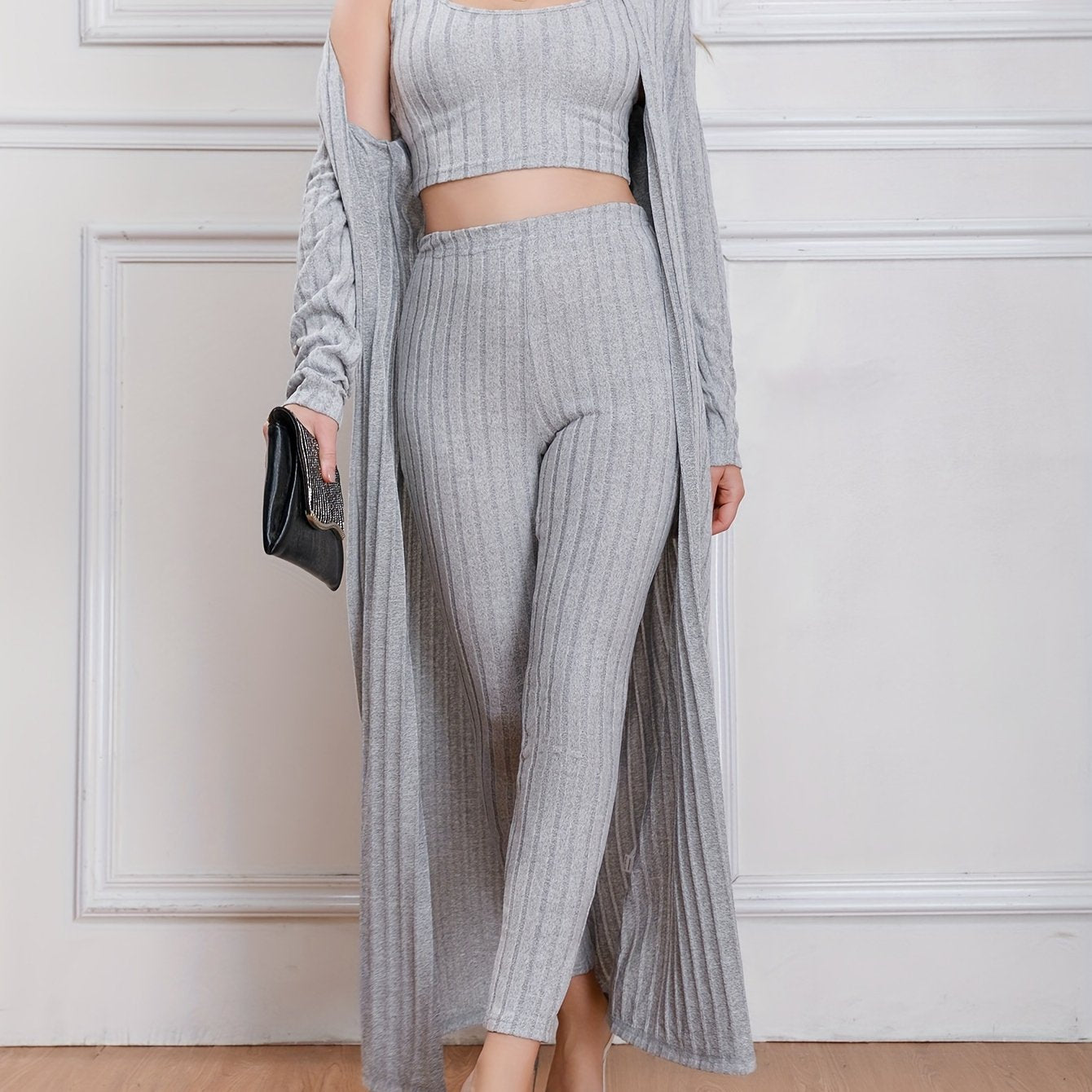 Women's Plus 3pc Ribbed Cardigan, Tank Top & Pants Set