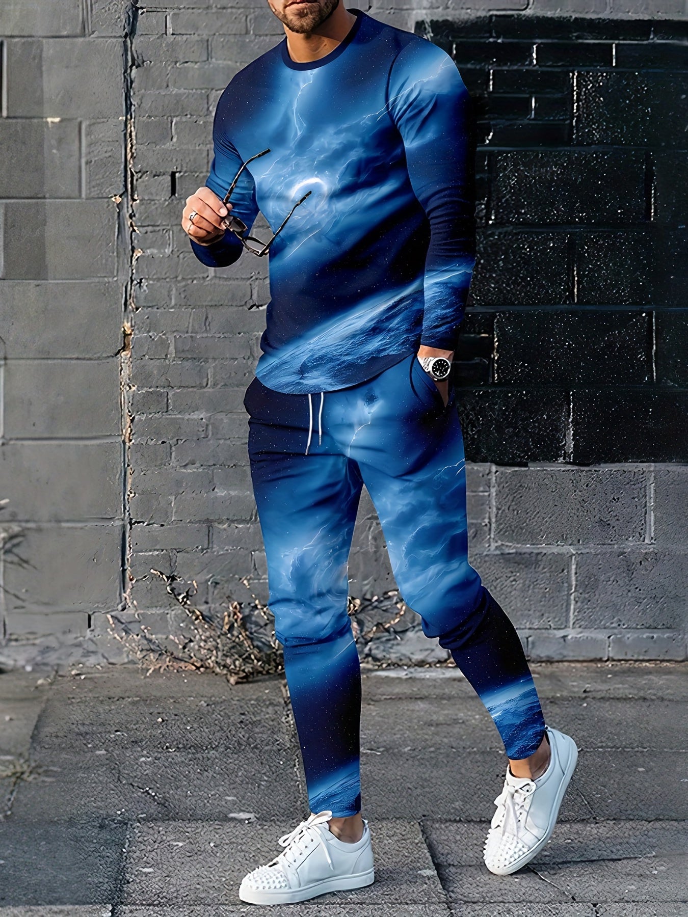 Digital Pattern Print Men's Long Sleeve Tee & Casual Sweatpants Set