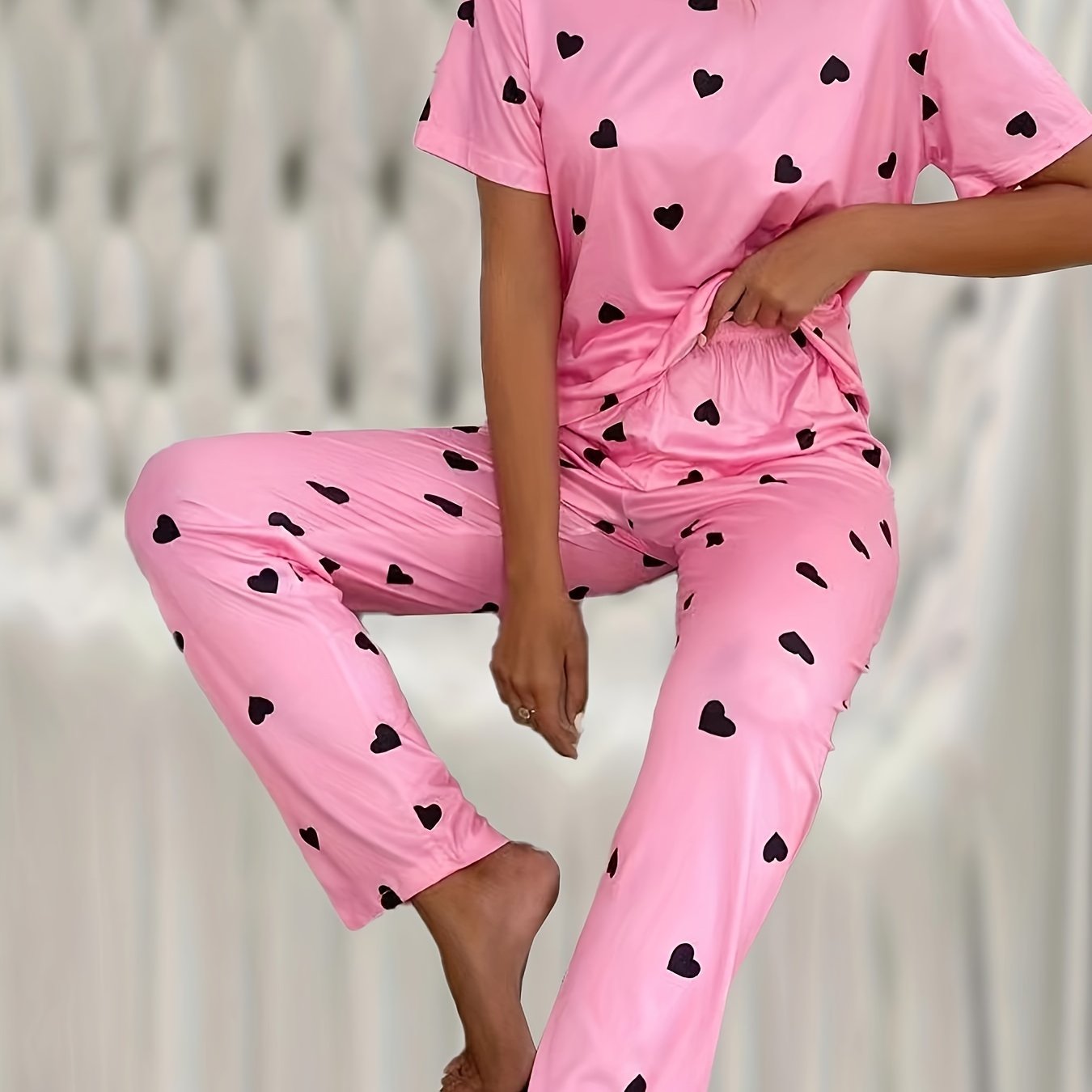 Heart Print Short Sleeve Tee & Pants Lounge Set