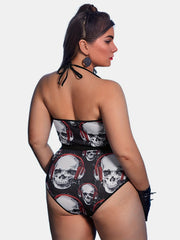 Plus Gothic Skull Halter Bra & High Rise Panty 2pcs Set