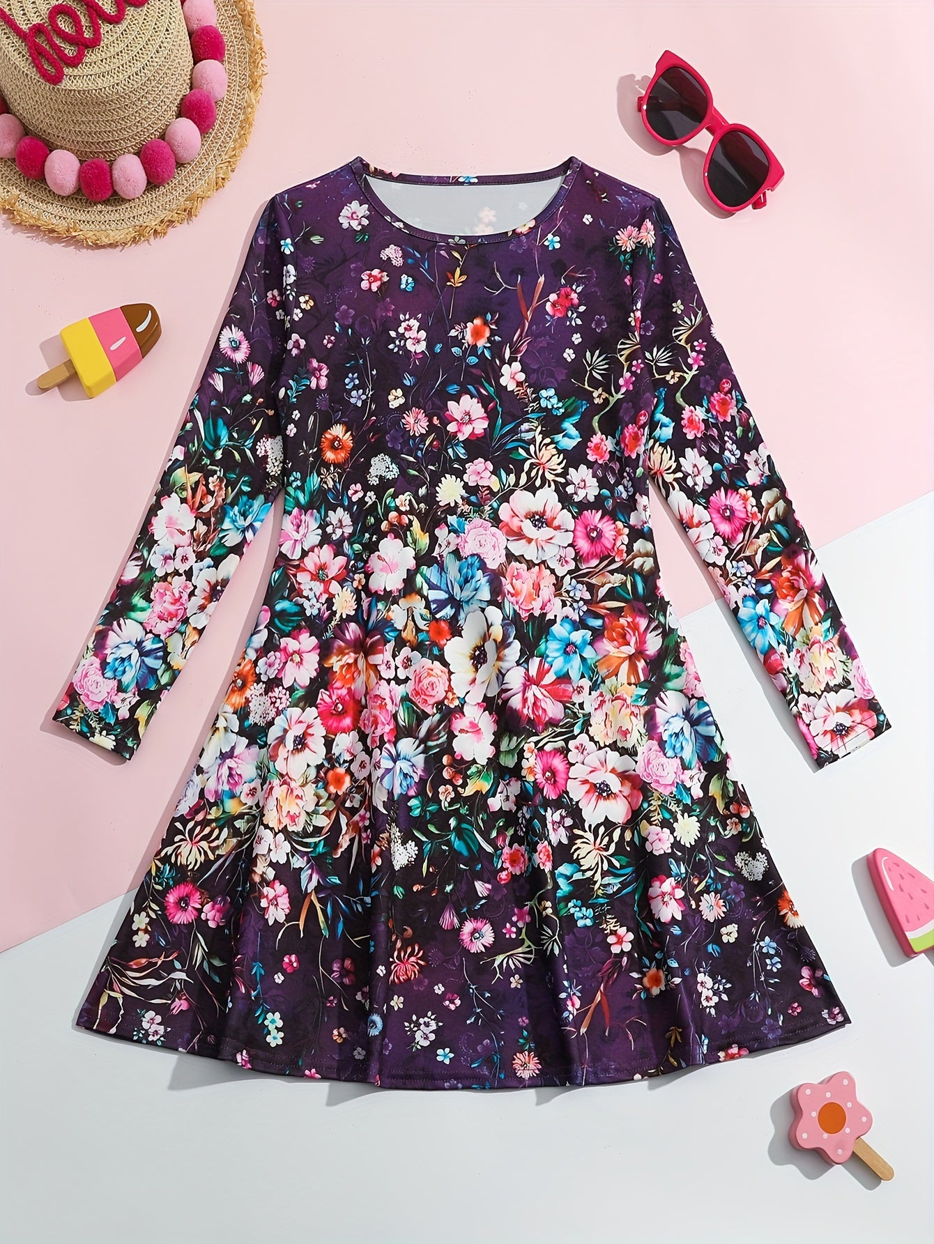 Casual Flower Print Long Sleeve Dress For Spring Fall Party