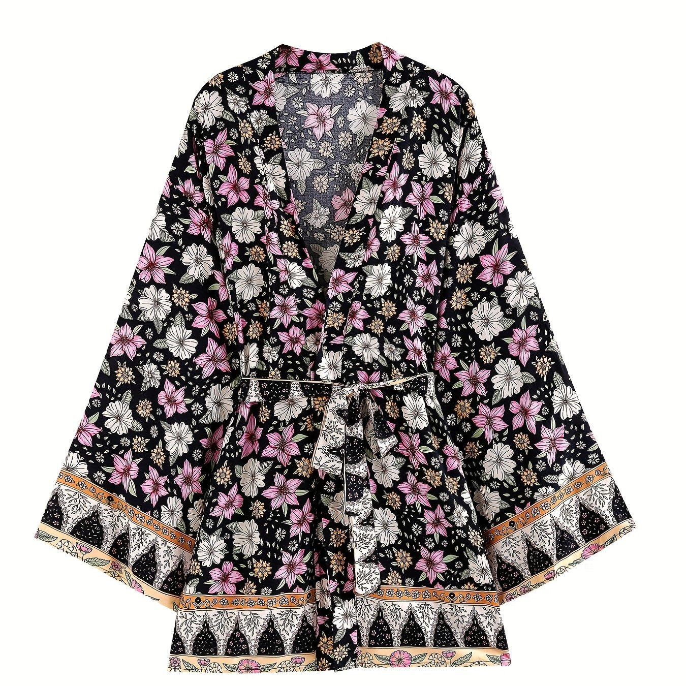 Floral Print Boho Style Cover Up Kaftan Long Kimono Sleeve