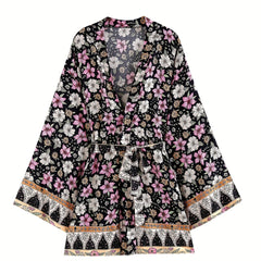 Floral Print Boho Style Cover Up Kaftan Long Kimono Sleeve