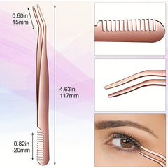 Eyelash Applicator Tool 2 in 1 Curved Lash Tweezers with Comb