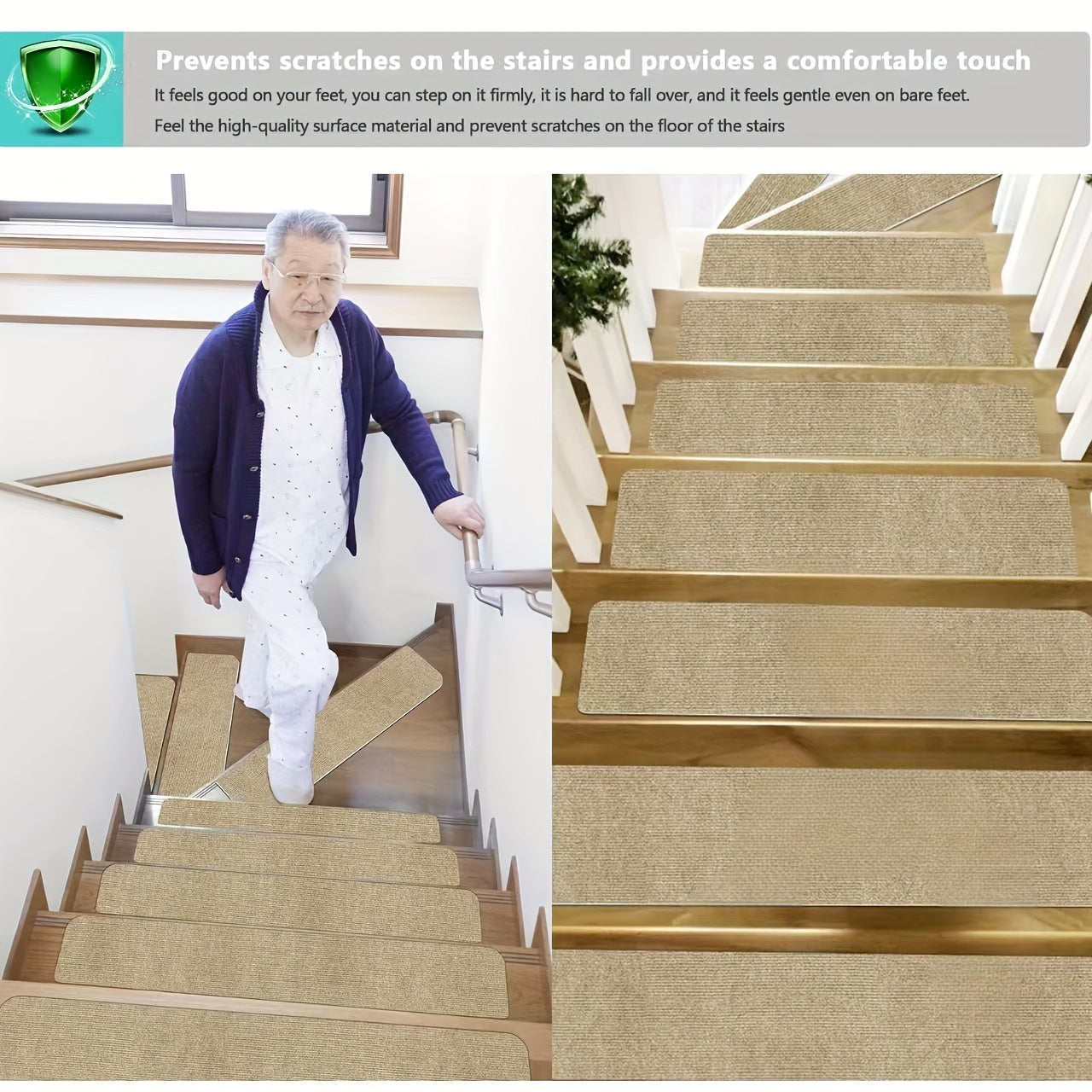 15pcs Beige Non Slip Stair Tread Rugs Soft Machine Washable Stair Carpet Runner