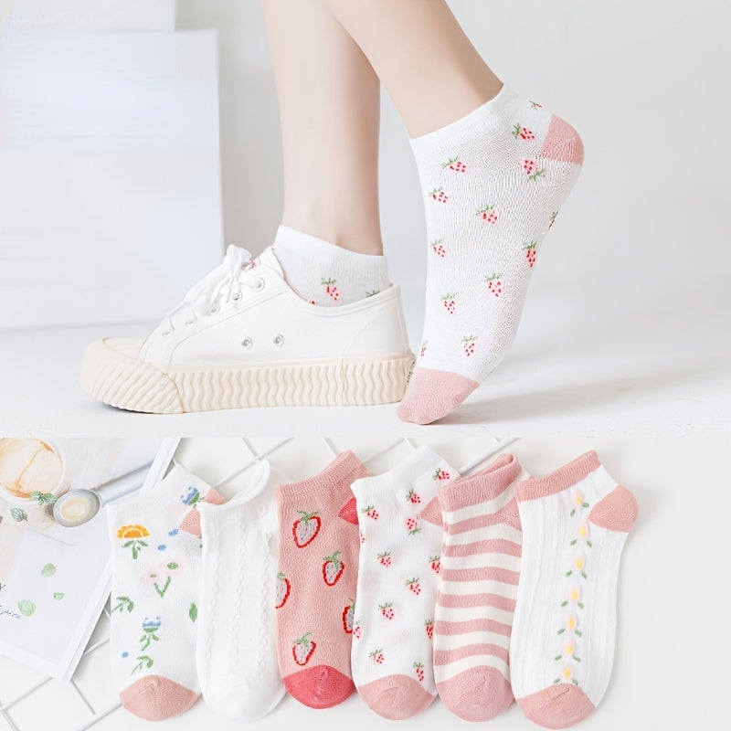 Pink Ankle Socks Floral Pattern Low Cut Women's Stockings