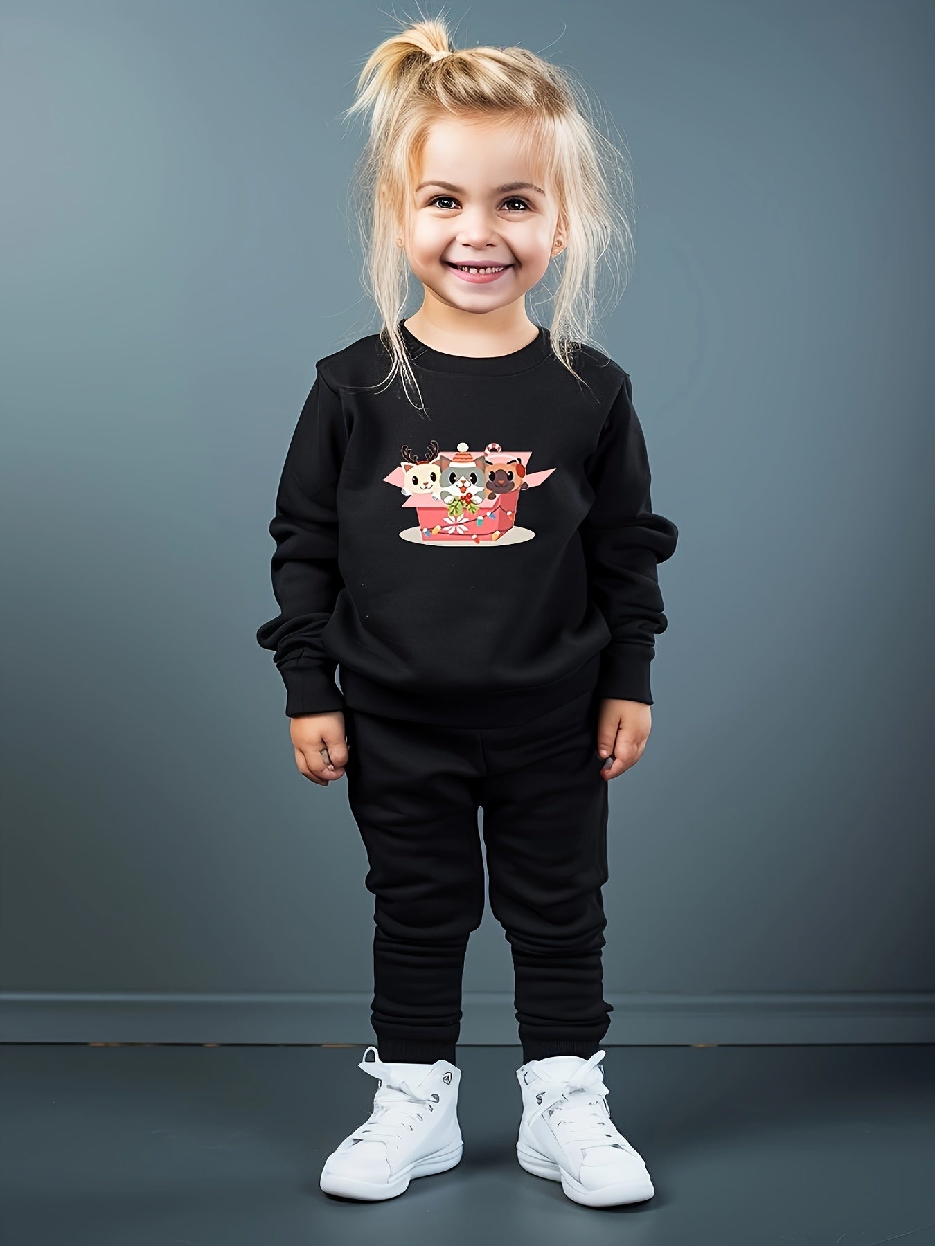 2pc Cartoon Cats Crew Neck Sweatshirt & Sweatpants Set for Girls