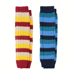 2 Pairs Striped Knitted Leg Warmers Colorblock Knee High Socks Women's Stockings