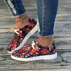 Heart & Trucker Print Canvas Shoes Lace up Flats For Women