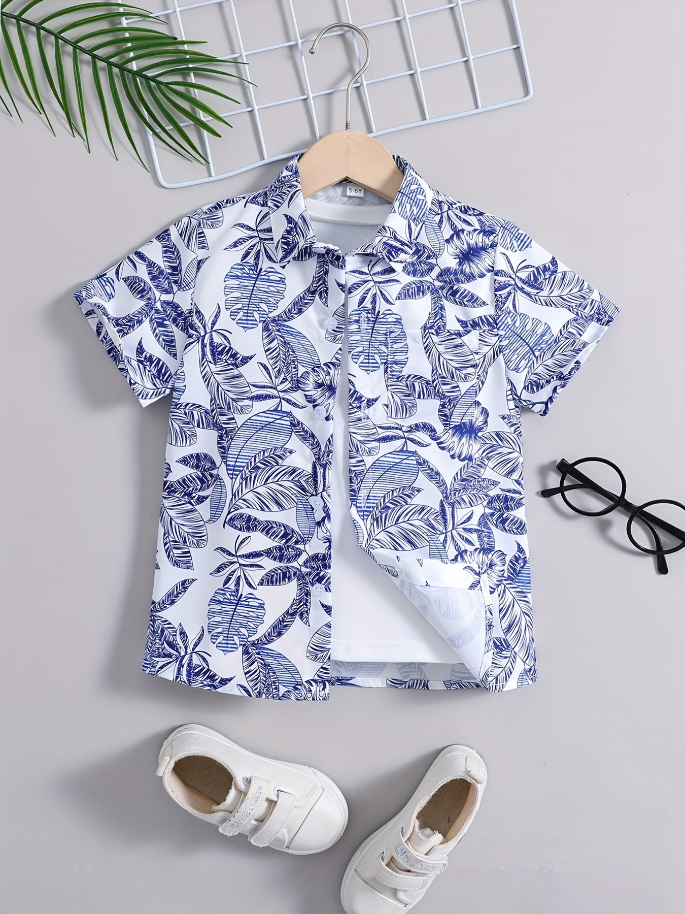 Boys Leaves Print Shirt Preppy Style For Summer Kids Clothes