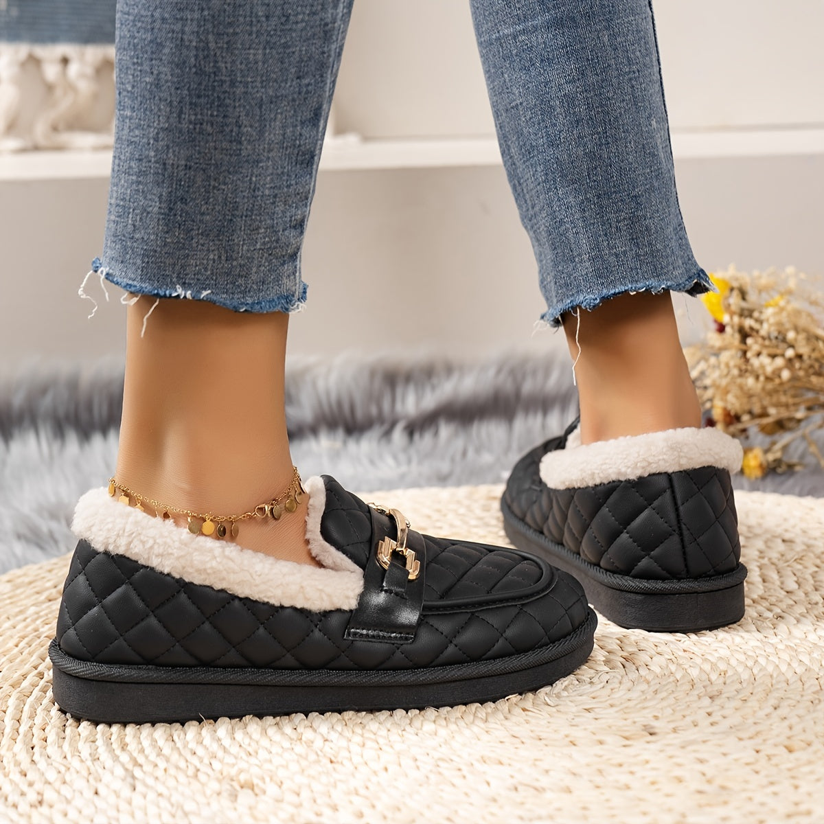 Women's Metal Buckle Fleece Loafers Slip On Shoes
