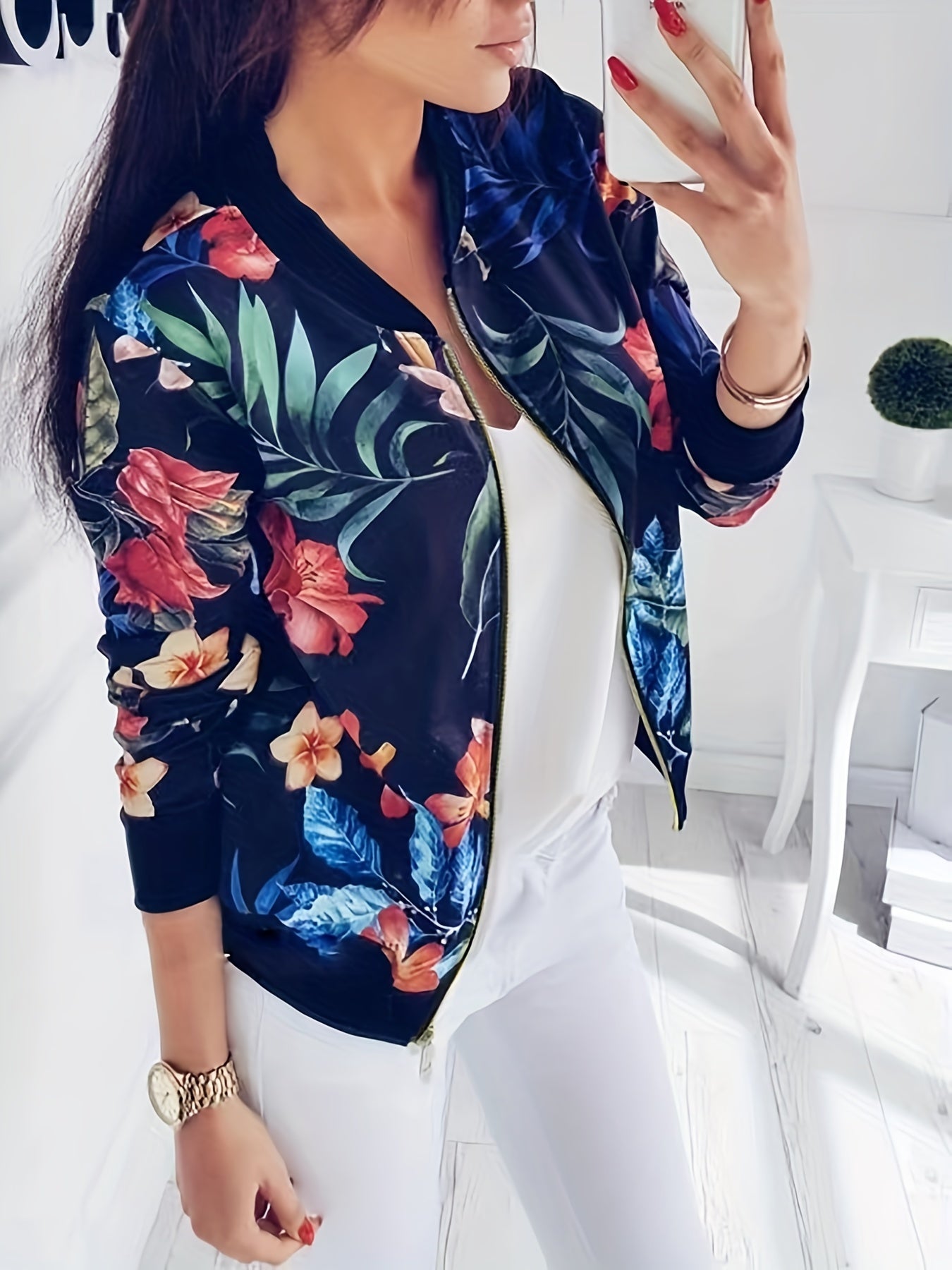 Floral Print Zip Up Jacket Casual Long Sleeve Jacket