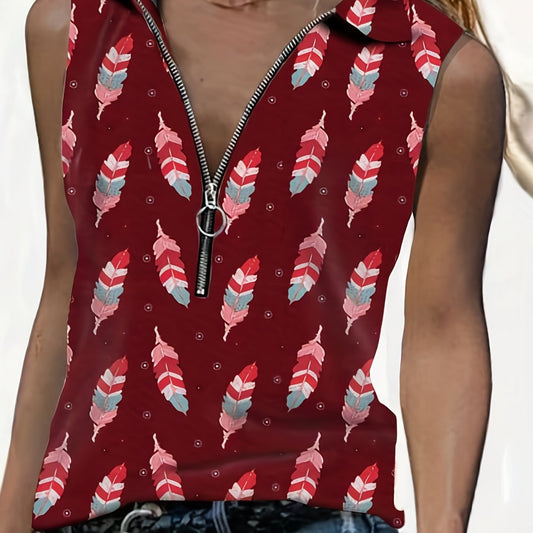 Feather Print Zipper Tank Top Women's Sleeveless Summer Casual Tank Top