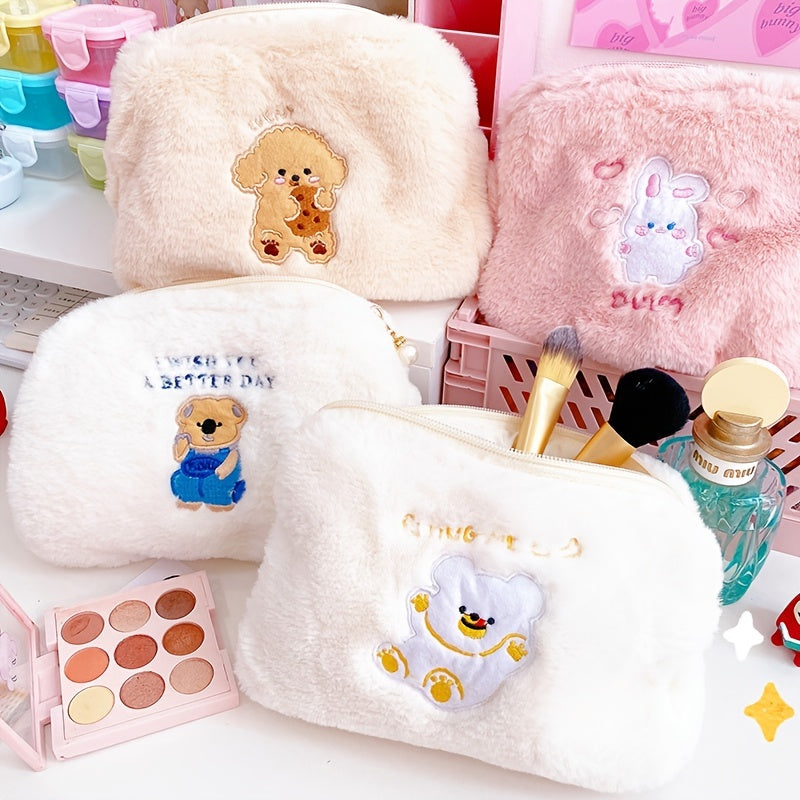 Animal Embroidered Makeup Bag Soft Pouch for Students and Travelers