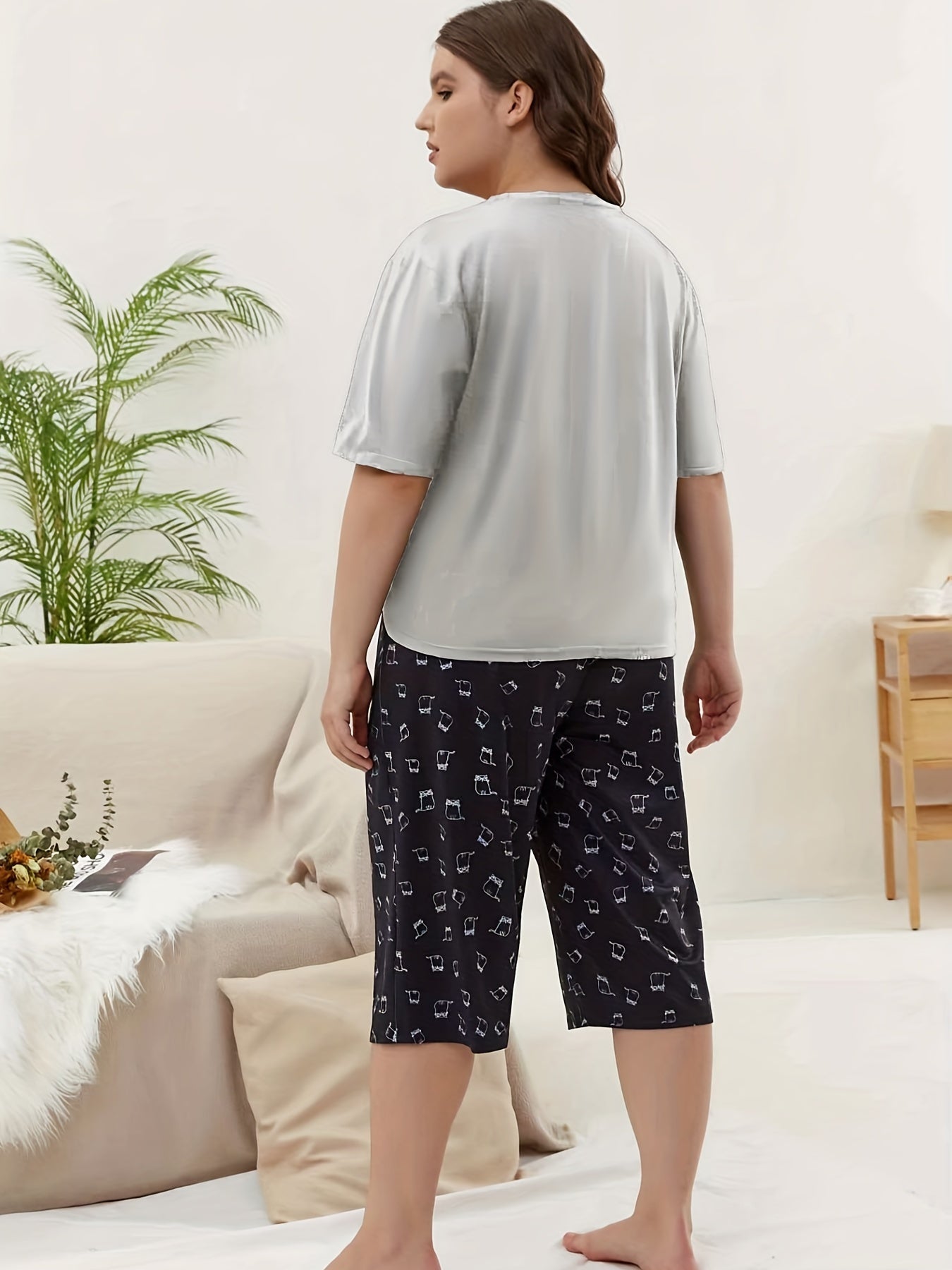 Women's Plus Cat Print Short Sleeve Top & Pants Home Wear Two Piece Set