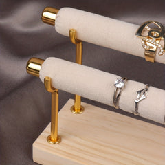 Two Tier Ring Flannel Display Jewelry Rack Solid Wood Base Organizer