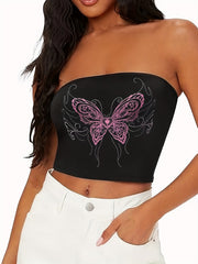Butterfly Print Crop Tube Top Sleeveless Summer Casual Top