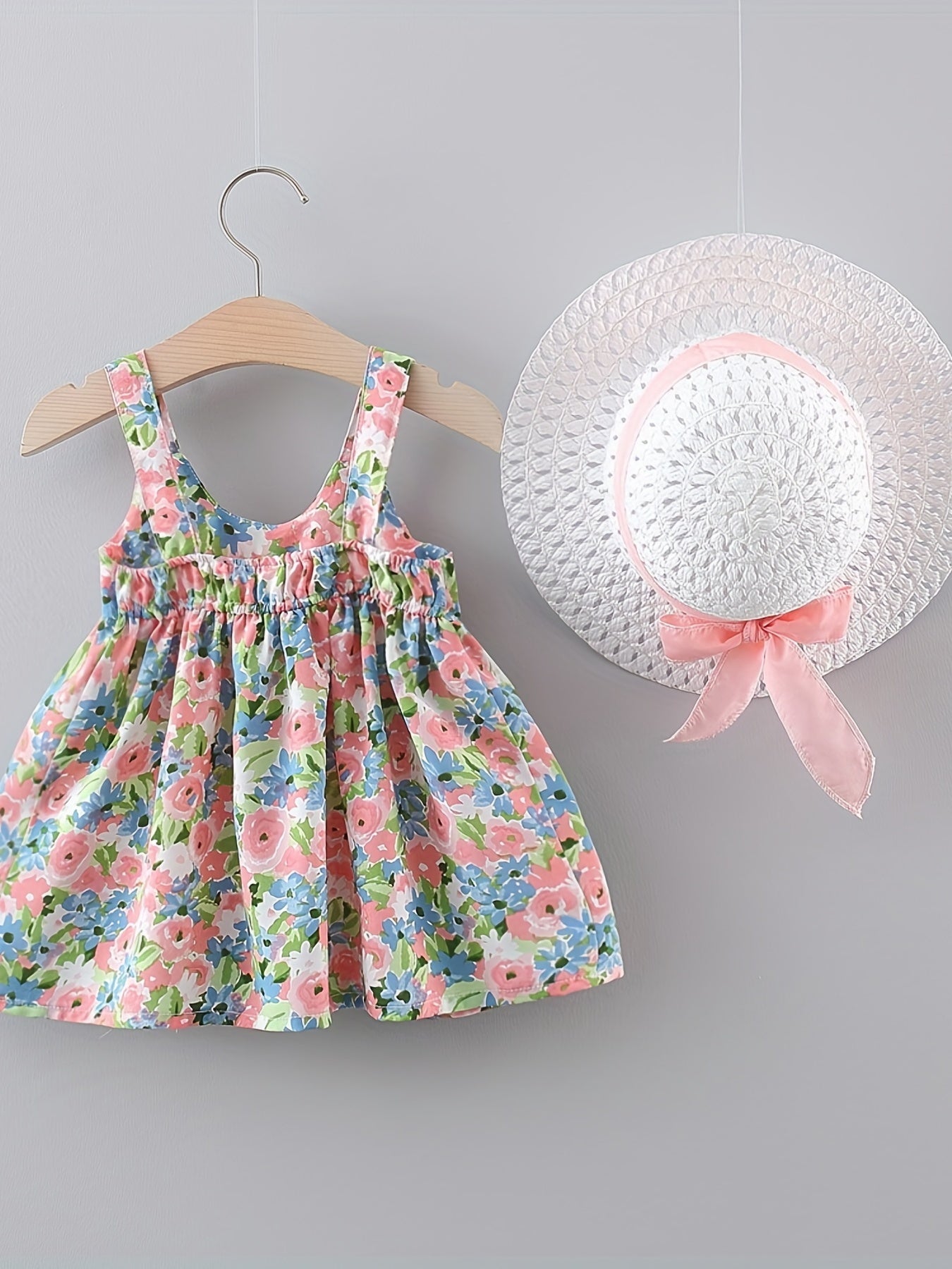 Sweet & Baby Girl's Flower Print Puffy Cami Dress With Bow & Hat