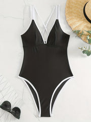 Deep V Neck One Piece Bathing Suit with Cross Back Double Strap