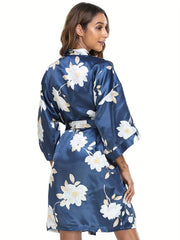 Floral Print V-Neck Night Robe With Belt