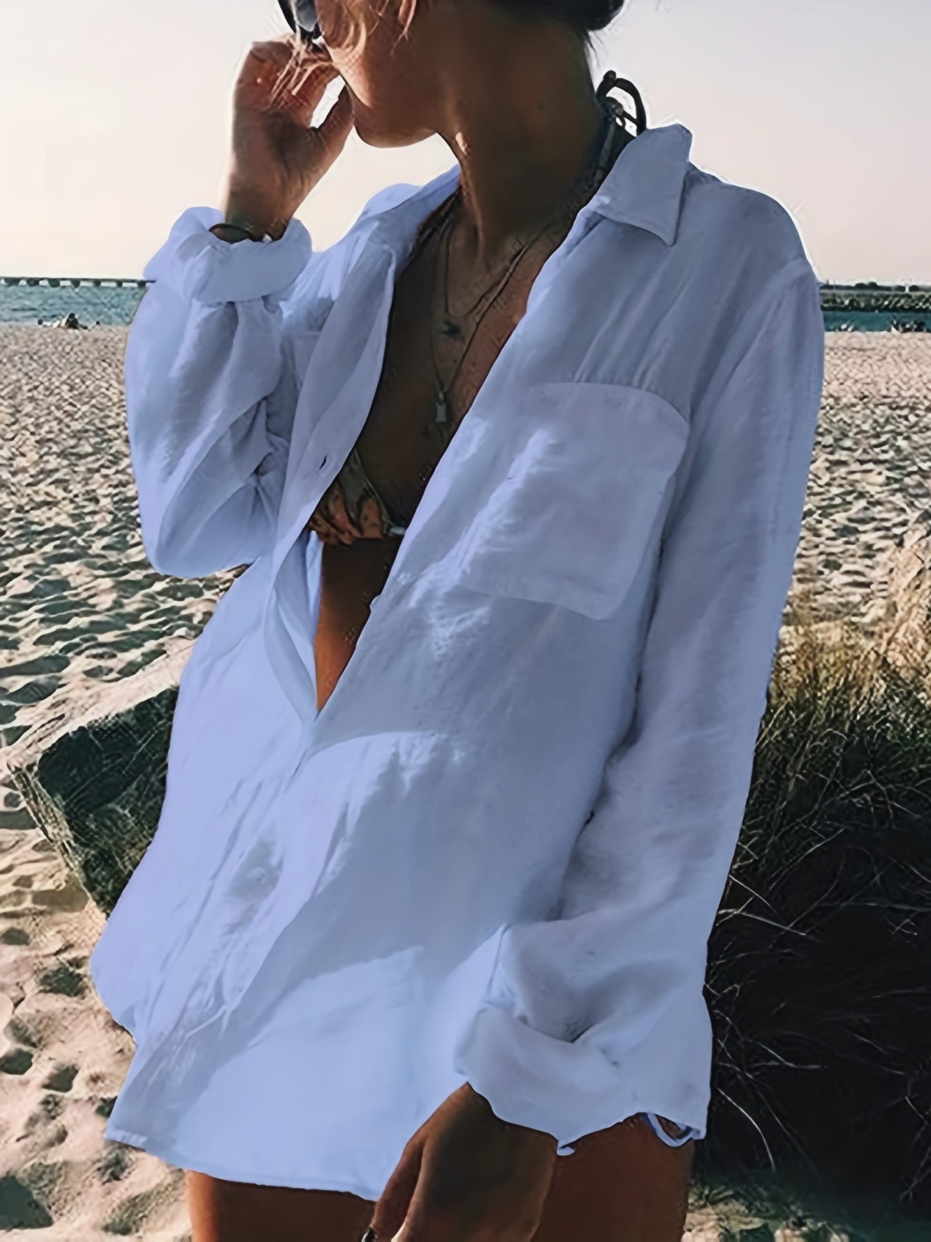 Long Sleeves Cover Up Shirt Semi Sheer Rash Guard Beachwear