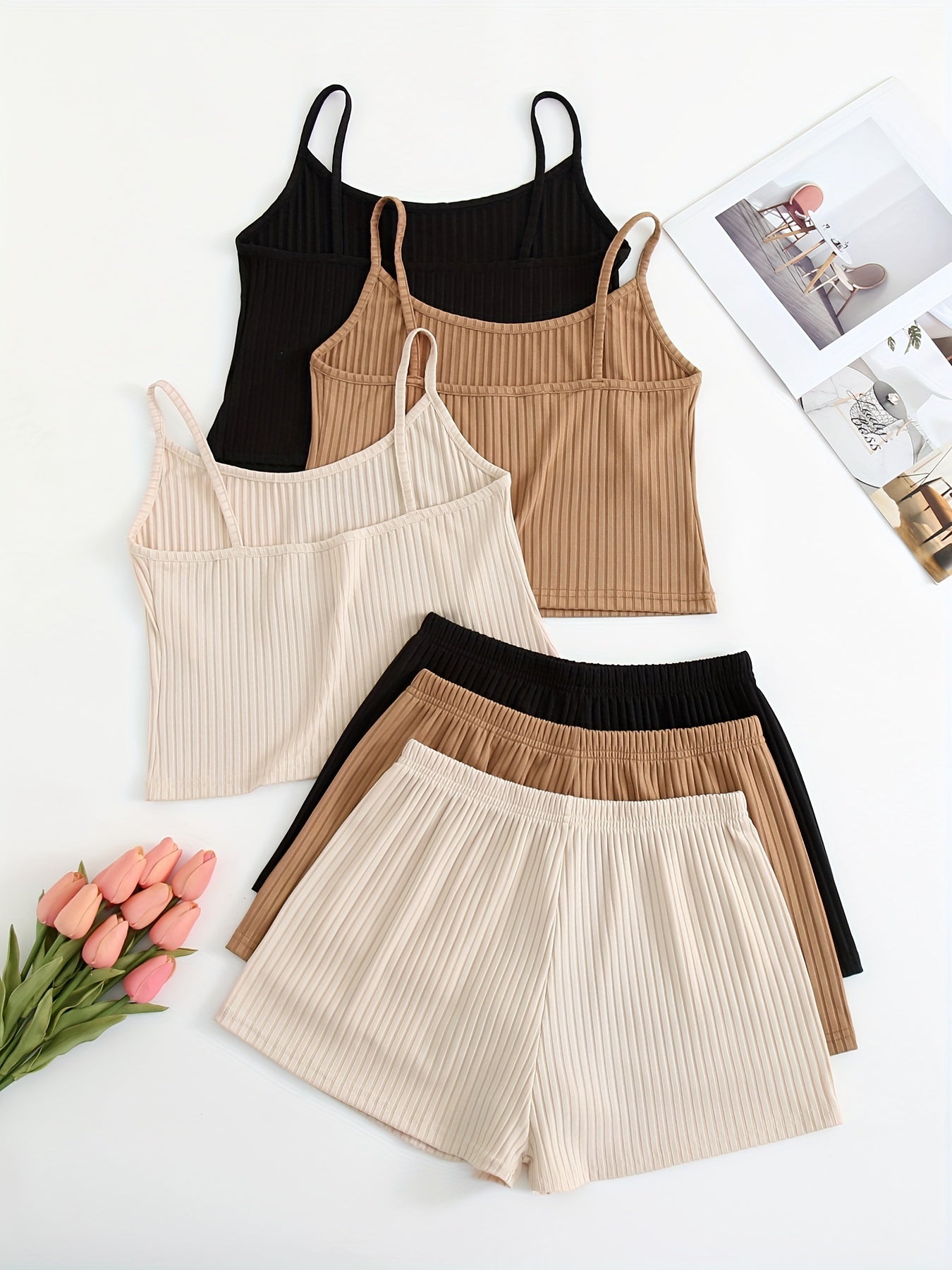 Ribbed Pajama Set Crew Neck Cami Top & Shorts Women's Loungewear