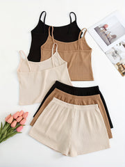 Ribbed Pajama Set Crew Neck Cami Top & Shorts Women's Loungewear
