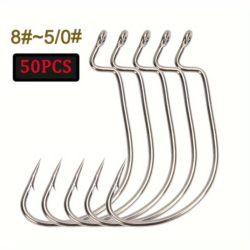 50pcs Offset Worm Hooks 2X Strong For Senko Texas Rig Fishing Bass Trout Size 8-