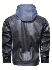 Men's Vintage Style Pu Hooded Jacket Zip Up Faux Leather Coat