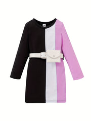 Girls' Colorblock Long Sleeve T Shirt Dress With Waistbag