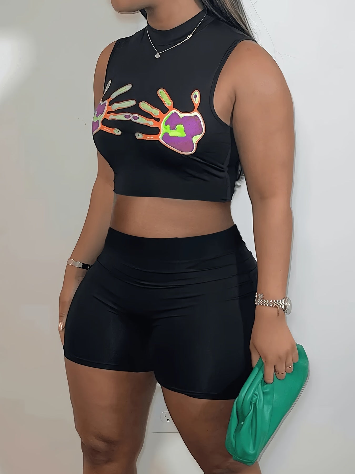 Hand Print Crop Tank Top & Skinny Shorts Set Women's Clothing