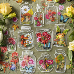 40pcs Transparent PET Jar Flower Fairy Stickers Decals Vintage Waterproof Bulk