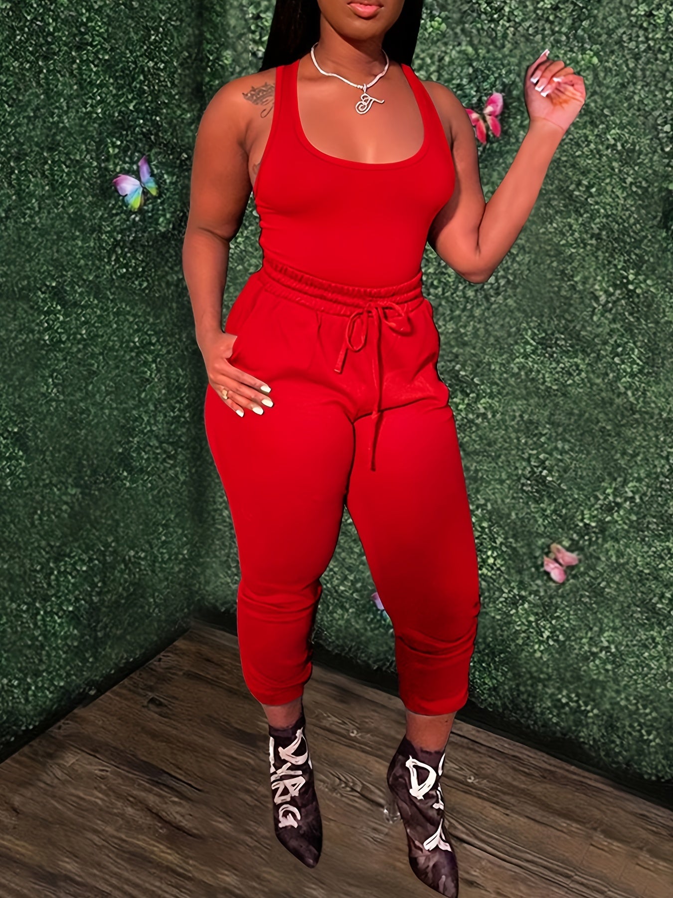 Casual Tank Top & Drawstring Pants Set Women's Clothing