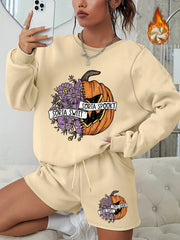 Women's Plus Pumpkin Print Sweatshirt & Shorts 2pcs Set