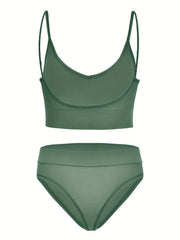 Solid Ribbed Bra & Panties Set Women's Underwear