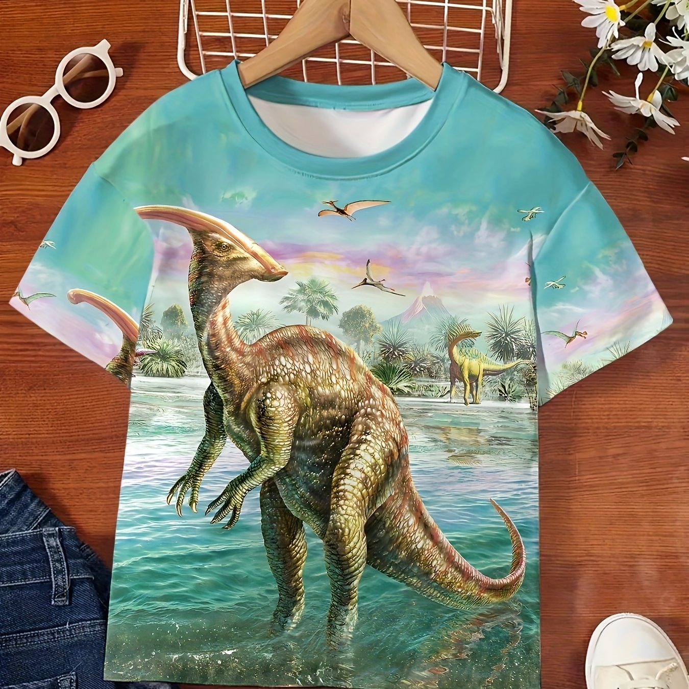3D Dino Print Short Sleeve T shirt Kids Summer Clothes
