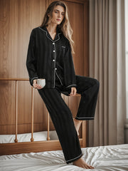 Jacquard Satin Pajama Set Long Sleeve Button Top Lounge Pants Women's Sleepwear