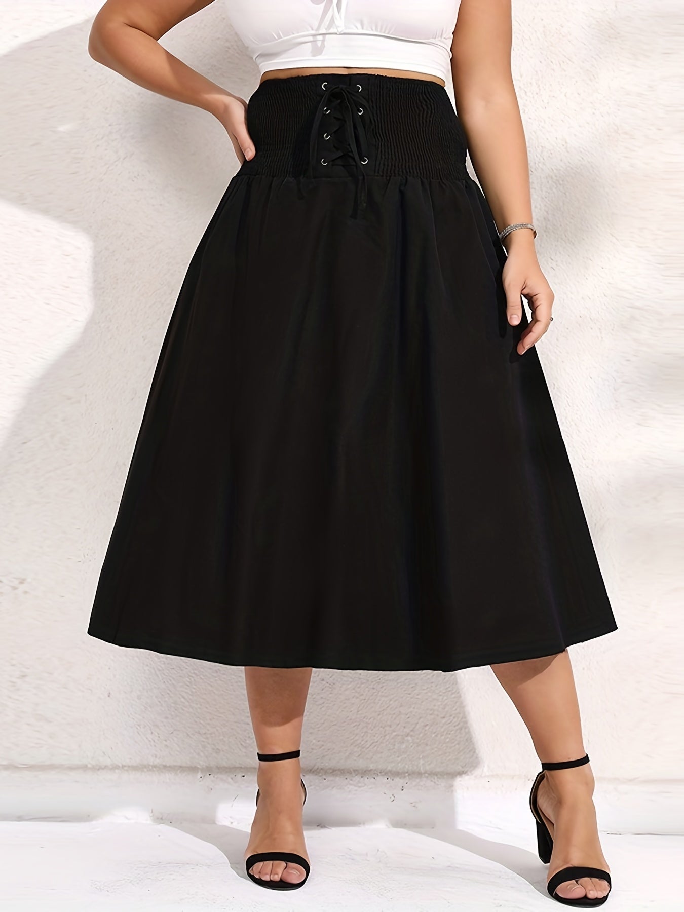 Solid Ribbed Lace Up Pleated Skirt