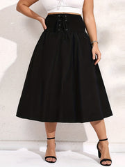 Solid Ribbed Lace Up Pleated Skirt