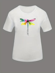 Dragonfly Printed Casual Sports T-shirt Short Sleeve Women's Top