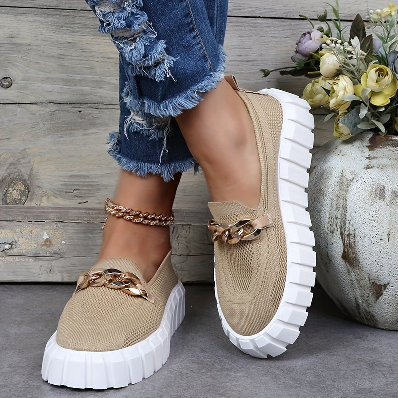 Chain Decor Platform Sneakers Slip On Outdoor Breathable Knit Shoes