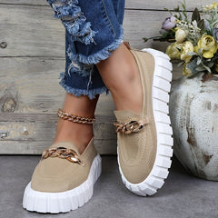 Chain Decor Platform Sneakers Slip On Outdoor Breathable Knit Shoes